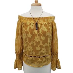 Willow & Clay Womens M Mustard Floral Sheer Lined Off Shoulder Peasant Blouse